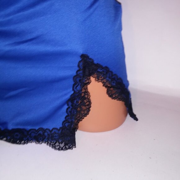 Lingerie Chemise Slip Blue Black Lace Trim Sleeveless Night Gown Sleepwear - Picture 6 of 8